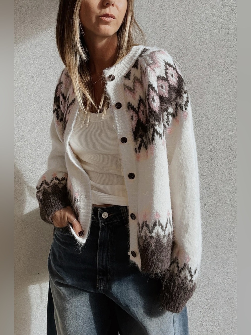 Geometric Pattern Brushed Knit Button Cardigan - Picture 3 of 14
